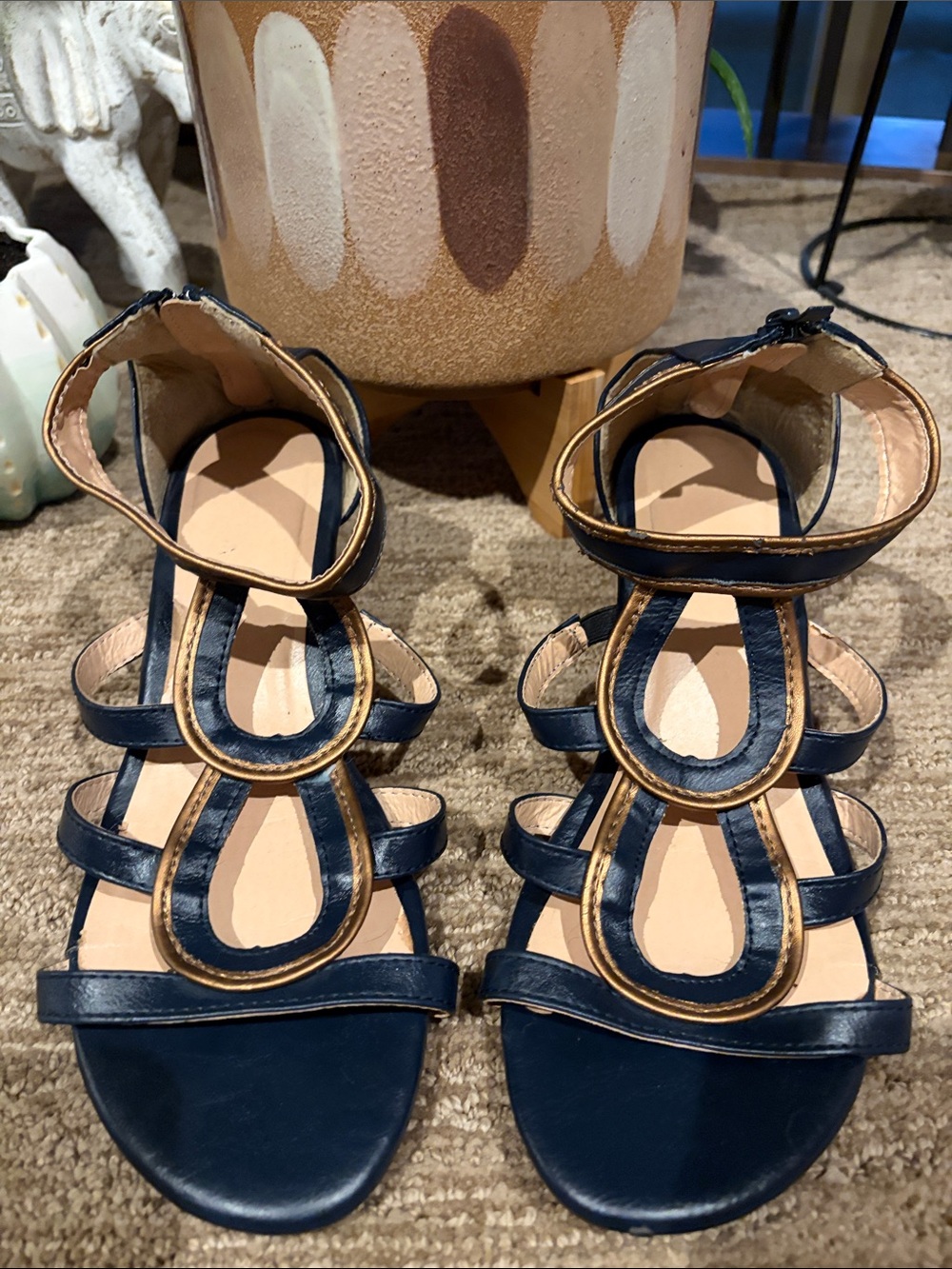 Navy with Golden Bronze Trim Strappy Gladiator Sandals for Women size 9